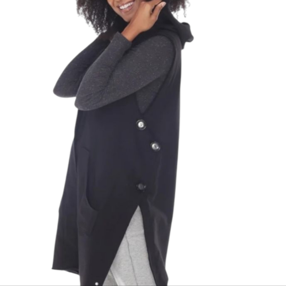 Neon Buddha Highlands Black Knit Button Hooded Long Vest Women's Medium